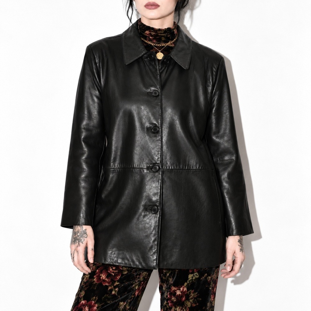 Lamb Leather Coat Womens L Black 90s Vintage Liz Claiborne Button Front Jacket